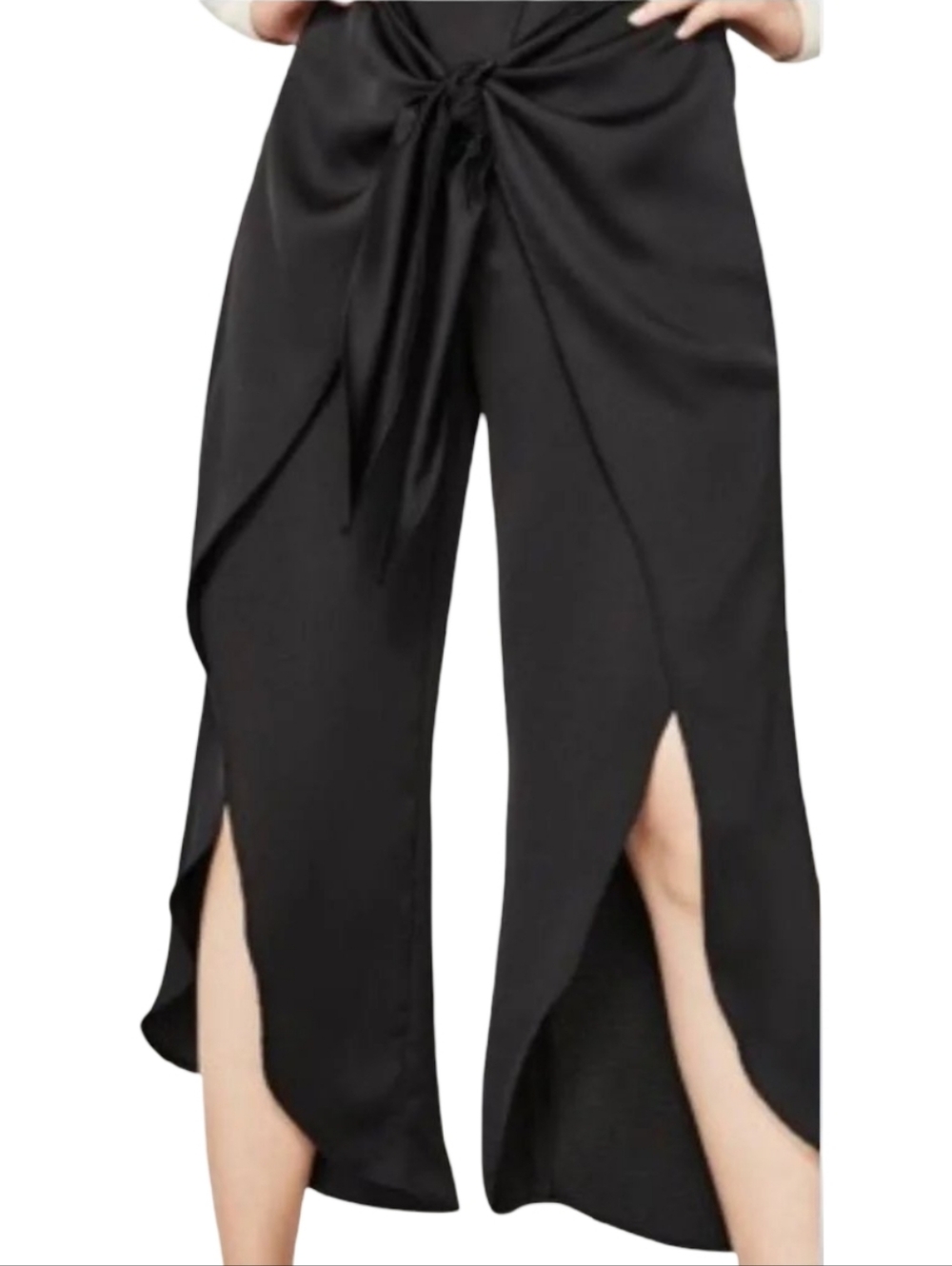 Zara Women's Black Tie-Waist Overlay Wide Leg Summer Boho Capri Pants Small